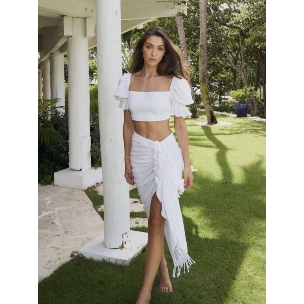 Just Bee Queen Tulum White Madi Ruched Wrap Skirt With Fringe Sz M Boho Resort - Picture 15 of 15